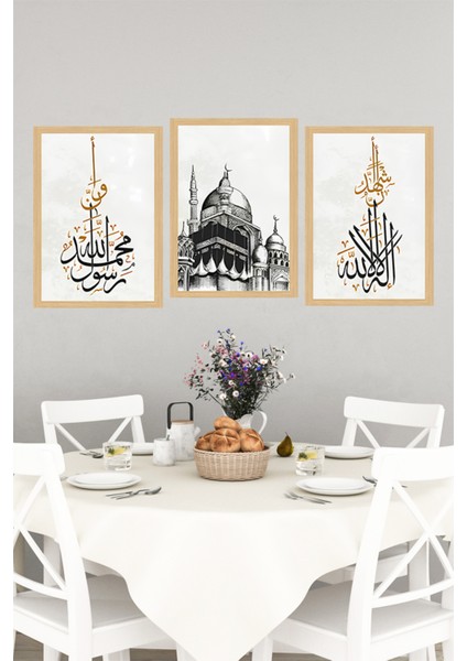 🕋 Kâbe ve Kelime-I Şehadet Temalı 3'lü Tablo Seti - Çerçeve Görünümlü 🌟 CRVS1092 13 x 17 indirimleri