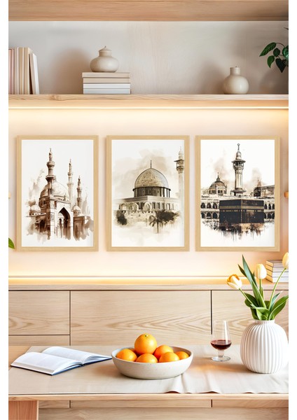🕋 Islami Mabetler Temalı 3'lü Çerçeve Görünümlü Tablo Seti 🌟 CRVS1079 13 x 17