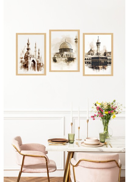 🕋 Islami Mabetler Temalı 3'lü Çerçeve Görünümlü Tablo Seti 🌟 CRVS1079 13 x 17 fırsatları