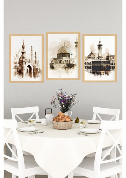 🕋 Islami Mabetler Temalı 3'lü Çerçeve Görünümlü Tablo Seti 🌟 CRVS1079 13 x 17 indirimleri