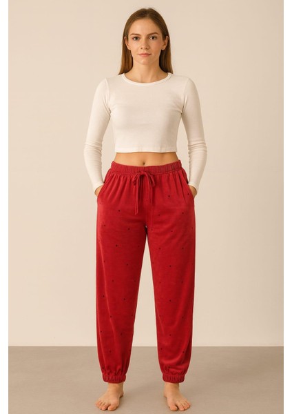 Kadın Cepli Paça Lastikli Kadife Tek Alt Kırmızı