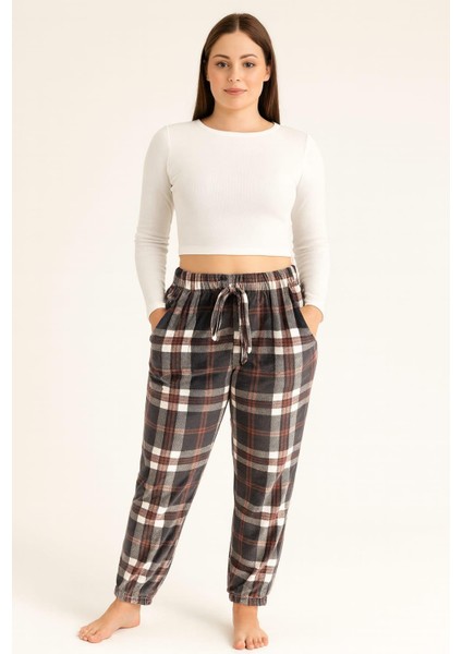 Kadın Ekose Desenli Cepli Paça Lastikli Kadife Tek Alt Füme