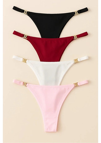Altın Tokalı Gold Aksesuarlı Kadın Seksi String Esnek Külot 4’lü Set – Siyah, Bordo, Beyaz, Pudra