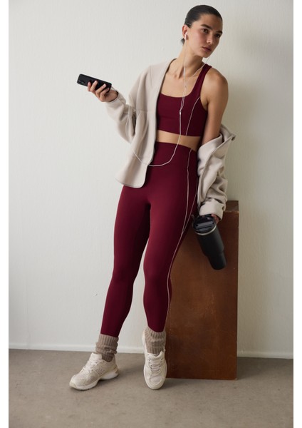 Bordo Orta Destek Yüksek Bel Tayt