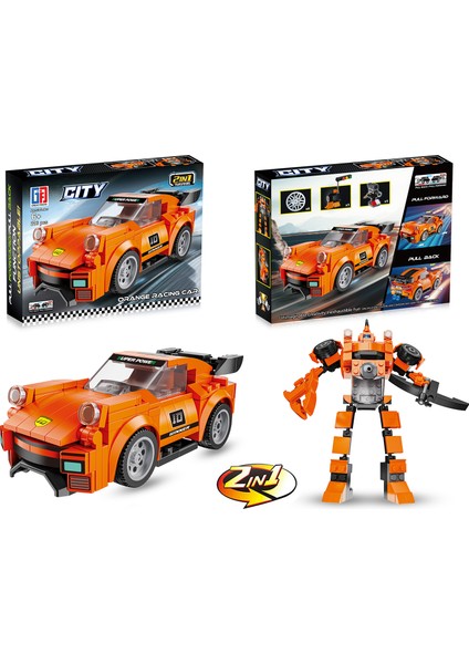 Çek Bırak Dönüşebilen 2in1 Blok Arabalar - Turuncu 216 Parça