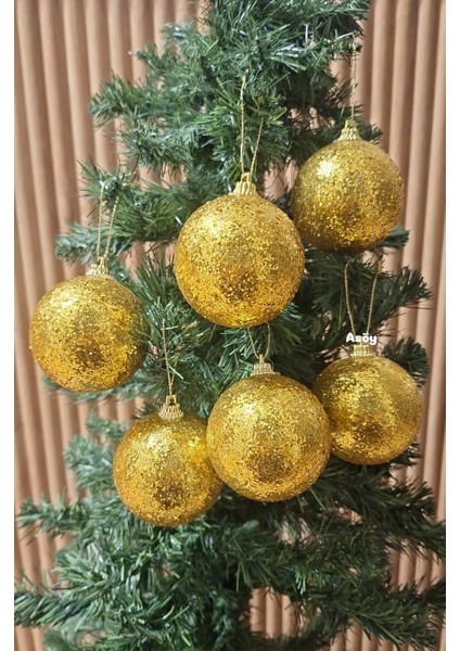 Ilbaşı Ağacı Süsleme 6 cm Gold Simli Top 6'lı Gold Parıltılı Karlı Küre Süs Renkli Cici Büyük Boy