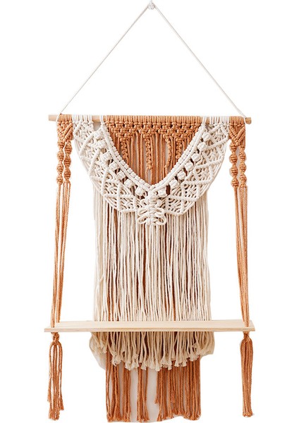 Santkuee Makrome Duvara Asma Raf, Ahşap Yüzer Asma Depolama Rafı Bohem Duvar Dekoru (Yurt Dışından)