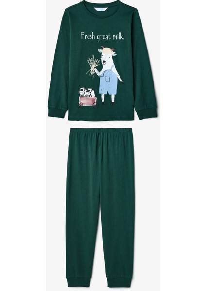 Ekru Erkek Çocuk Tavşan Desenli Uzun Kollu Pamuklu 2'li Pijama Takımı