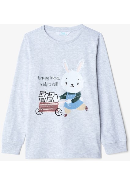 Ekru Erkek Çocuk Tavşan Desenli Uzun Kollu Pamuklu 2'li Pijama Takımı