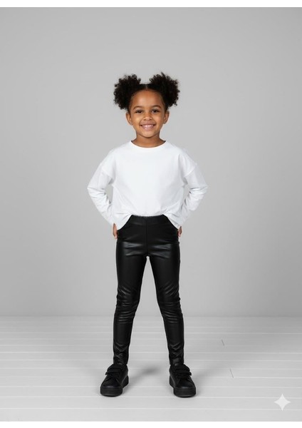 Kız Çocuk Deri Tayt 4-8 Yaş Siyah