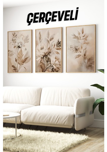 🌿 Bohem Tarzda Çiçek Desenli 3’lü Ahşap Çerçeveli Tablo Seti🌿 CRV1119 23 x 32