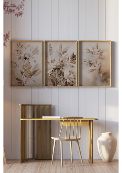 🌿 Bohem Tarzda Çiçek Desenli 3’lü Ahşap Çerçeveli Tablo Seti🌿 CRV1119 23 x 32 fiyatları