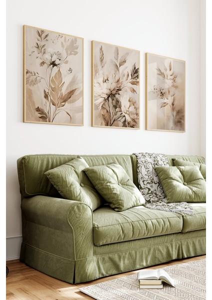 🌿 Bohem Tarzda Çiçek Desenli 3’lü Ahşap Çerçeveli Tablo Seti🌿 CRV1119 23 x 32 indirimleri