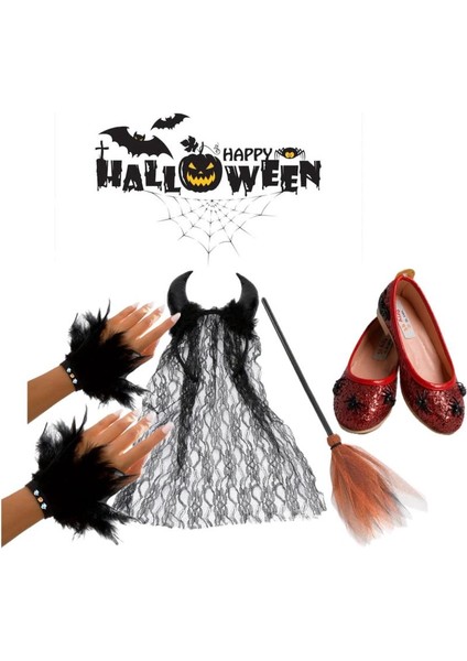 Kız Çocukcadılar Bayramı Kırmızı Örümcekli Babet + Boynuz Taç + Bilekten Tüylü Eldiven + Süpürge Cadılar Bayramı Halloween