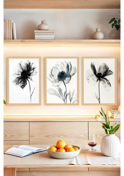 🖼️ Siyah Beyaz Çiçek Siluetli 3'lü Çerçeve Görünümlü Tablo Seti 🌟 CRVS1111 13 x 17