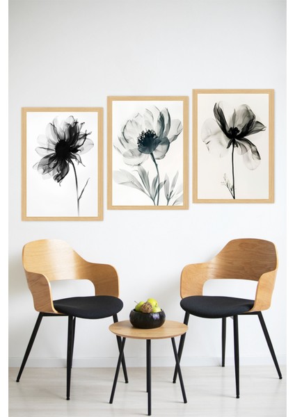 🖼️ Siyah Beyaz Çiçek Siluetli 3'lü Çerçeve Görünümlü Tablo Seti 🌟 CRVS1111 13 x 17 modelleri
