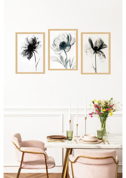 🖼️ Siyah Beyaz Çiçek Siluetli 3'lü Çerçeve Görünümlü Tablo Seti 🌟 CRVS1111 13 x 17 fırsatları
