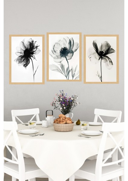 🖼️ Siyah Beyaz Çiçek Siluetli 3'lü Çerçeve Görünümlü Tablo Seti 🌟 CRVS1111 13 x 17 indirimleri