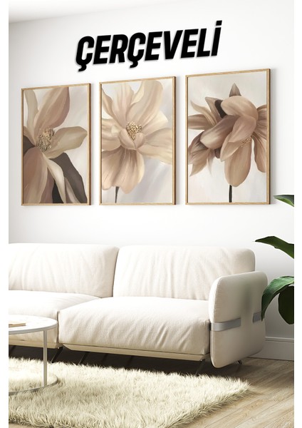 🌸 Bej Çiçek Temalı 3’lü Çerçeveli Tablo Seti – Modern Dekoratif Şıklık 🌸 CRV1122 23 x 32