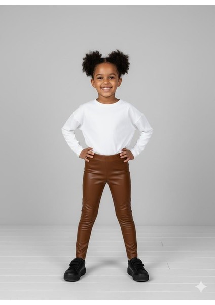 Kız Çocuk Deri Tayt 4-8 Yaş Kahverengi