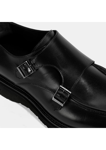 Erkek Siyah Metal Toka Detaylı Deri Klasik Ayakkabı