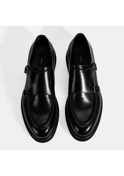 Erkek Siyah Metal Toka Detaylı Deri Klasik Ayakkabı