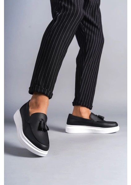 SLW154 Blaze Bağcıksız Püsküllü Cilt Erkek Günlük Spor Klasik Ayakkabı Cbt - Siyah