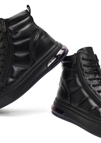 Erkek Siyah Bağcıklı Fermuarlı Kalın Tabanlı Deri Spor Bot 25WFD633318