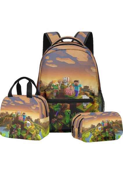 Minecraft Ilkokul ve Ortaokul Öğrencileri Için Okul Çantası Sırt Çantası Öğle Yemeği Çantası Çift Katmanlı Kalem Çantası Üç Parçalı Set (Yurt Dışından)