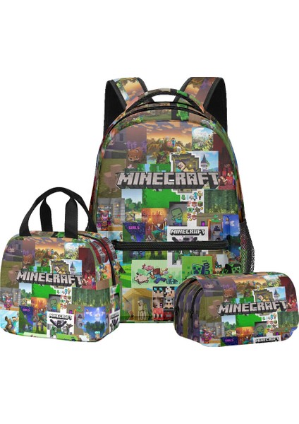 Minecraft Ilkokul ve Ortaokul Öğrencileri Için Okul Çantası Sırt Çantası Öğle Yemeği Çantası Çift Katmanlı Kalem Çantası Üç Parçalı Set (Yurt Dışından)