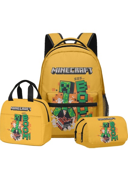 Minecraft Ilkokul ve Ortaokul Öğrencileri Için Okul Çantası Sırt Çantası Öğle Yemeği Çantası Çift Katmanlı Kalem Çantası Üç Parçalı Set (Yurt Dışından)
