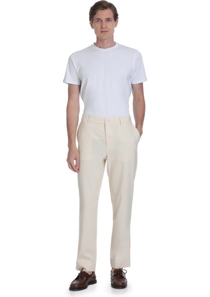 Bej Rahat Kesim Yandan Cepli Keten Jogger Pantolon