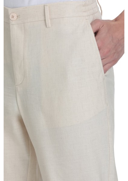 Bej Rahat Kesim Yandan Cepli Keten Jogger Pantolon