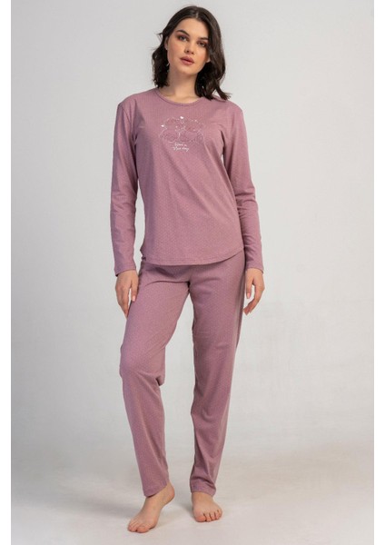 Kadın Büyük Beden Pembe Uzun Kollu Baskılı Pijama Takımı C9T0N0405
