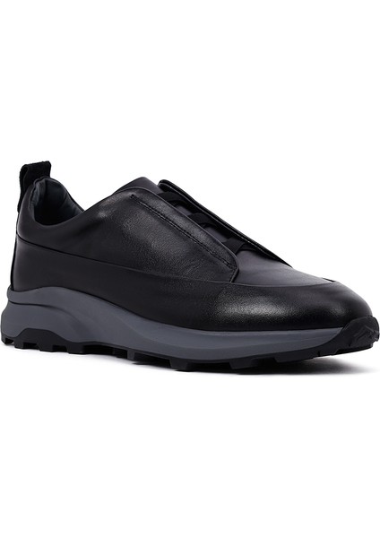 Erkek Siyah Kalın Tabanlı Deri Casual Sneaker 25WFD630514