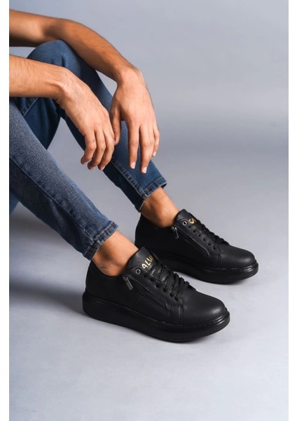 SLW155 Warrior Bağcıklı ve Fermuarlı Cilt Erkek Günlük Sneaker Ayakkabı Cst - Siyah