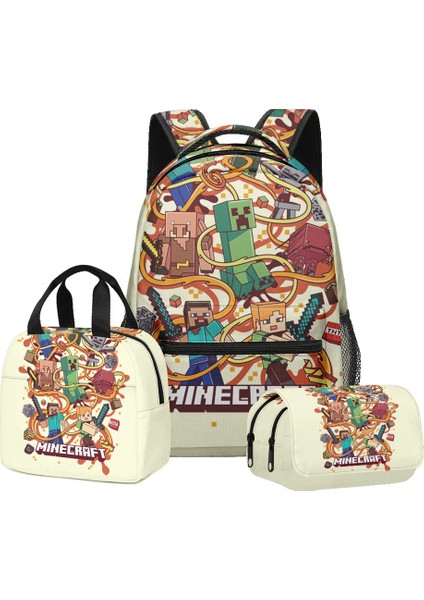 Minecraft Ilkokul ve Ortaokul Öğrencileri Için Okul Çantası Sırt Çantası Öğle Yemeği Çantası Çift Katmanlı Kalem Çantası Üç Parçalı Set (Yurt Dışından)