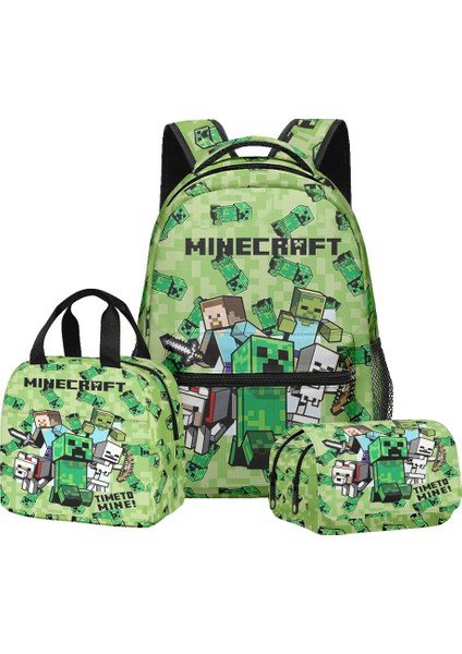 Minecraft Ilkokul ve Ortaokul Öğrencileri Için Okul Çantası Sırt Çantası Öğle Yemeği Çantası Çift Katmanlı Kalem Çantası Üç Parçalı Set (Yurt Dışından)