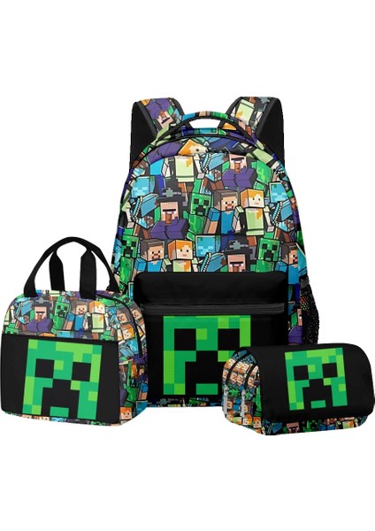 Minecraft Ilkokul ve Ortaokul Öğrencileri Için Okul Çantası Sırt Çantası Öğle Yemeği Çantası Çift Katmanlı Kalem Çantası Üç Parçalı Set (Yurt Dışından)