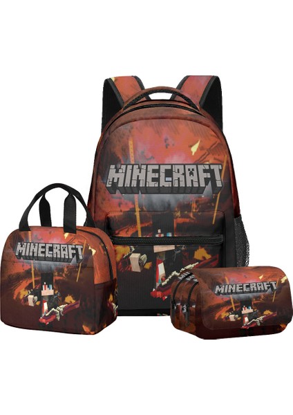Minecraft Ilkokul ve Ortaokul Öğrencileri Için Okul Çantası Sırt Çantası Öğle Yemeği Çantası Çift Katmanlı Kalem Çantası Üç Parçalı Set (Yurt Dışından)