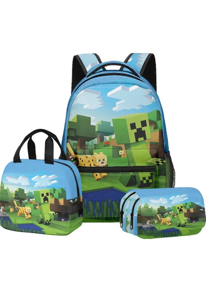 Minecraft Ilkokul ve Ortaokul Öğrencileri Için Okul Çantası Sırt Çantası Öğle Yemeği Çantası Çift Katmanlı Kalem Çantası Üç Parçalı Set (Yurt Dışından)