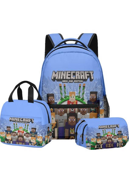 Minecraft Ilkokul ve Ortaokul Öğrencileri Için Okul Çantası Sırt Çantası Öğle Yemeği Çantası Çift Katmanlı Kalem Çantası Üç Parçalı Set (Yurt Dışından)