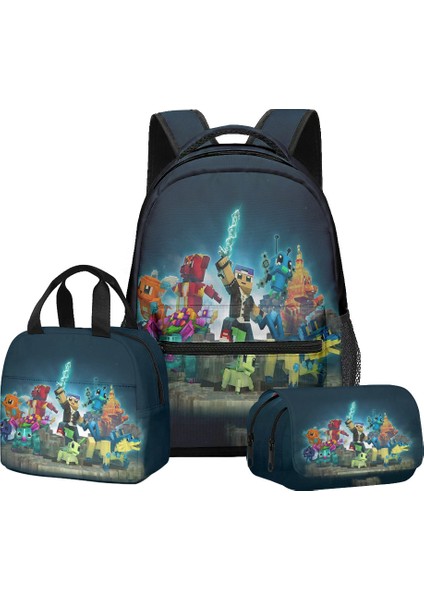 Minecraft Ilkokul ve Ortaokul Öğrencileri Için Okul Çantası Sırt Çantası Öğle Yemeği Çantası Çift Katmanlı Kalem Çantası Üç Parçalı Set (Yurt Dışından)