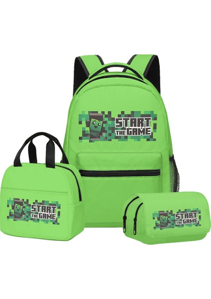 Minecraft Ilkokul ve Ortaokul Öğrencileri Için Okul Çantası Sırt Çantası Öğle Yemeği Çantası Çift Katmanlı Kalem Çantası Üç Parçalı Set (Yurt Dışından)