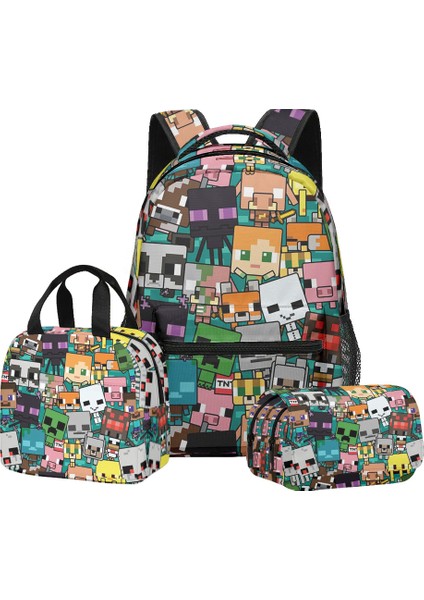 Minecraft Ilkokul ve Ortaokul Öğrencileri Için Okul Çantası Sırt Çantası Öğle Yemeği Çantası Çift Katmanlı Kalem Çantası Üç Parçalı Set (Yurt Dışından)