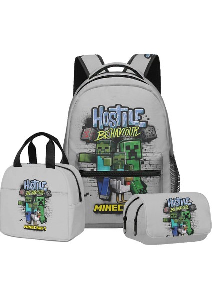 Minecraft Ilkokul ve Ortaokul Öğrencileri Için Okul Çantası Sırt Çantası Öğle Yemeği Çantası Çift Katmanlı Kalem Çantası Üç Parçalı Set (Yurt Dışından)
