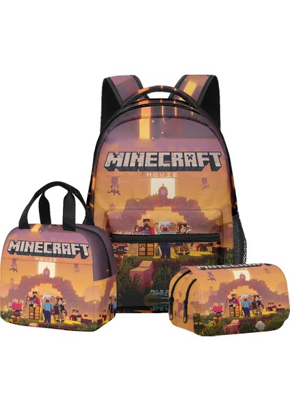 Minecraft Ilkokul ve Ortaokul Öğrencileri Için Okul Çantası Sırt Çantası Öğle Yemeği Çantası Çift Katmanlı Kalem Çantası Üç Parçalı Set (Yurt Dışından)