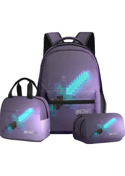 Minecraft Ilkokul ve Ortaokul Öğrencileri Için Okul Çantası Sırt Çantası Öğle Yemeği Çantası Çift Katmanlı Kalem Çantası Üç Parçalı Set (Yurt Dışından)