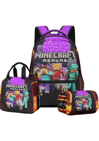 Minecraft Ilkokul ve Ortaokul Öğrencileri Için Okul Çantası Sırt Çantası Öğle Yemeği Çantası Çift Katmanlı Kalem Çantası Üç Parçalı Set (Yurt Dışından)