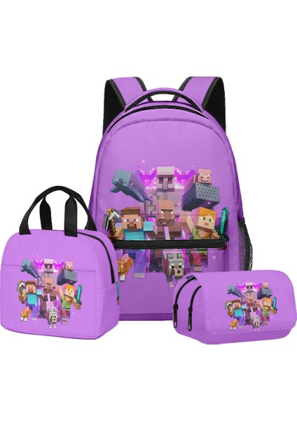 Minecraft Ilkokul ve Ortaokul Öğrencileri Için Okul Çantası Sırt Çantası Öğle Yemeği Çantası Çift Katmanlı Kalem Çantası Üç Parçalı Set (Yurt Dışından)